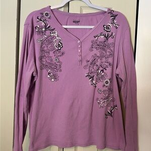 100% Cotton Y2K Women's Purple Large Graphic Long Sleeve Top